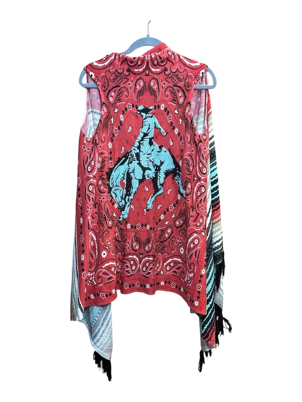 Crazy Train Red Bandana Fringe Open Front Vest with Rodeo Bronc Rider - REG o/s
